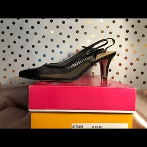 Kate Spade “Pansie” heels in black mesh.